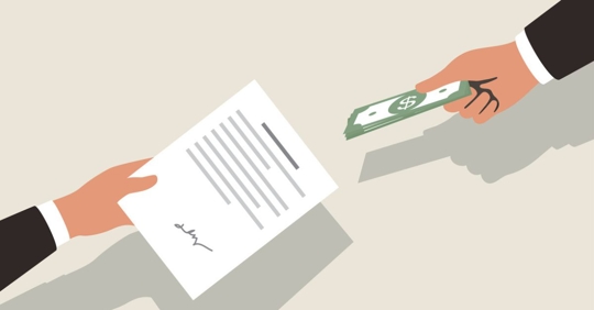 drawing of two hands handing over contract and money